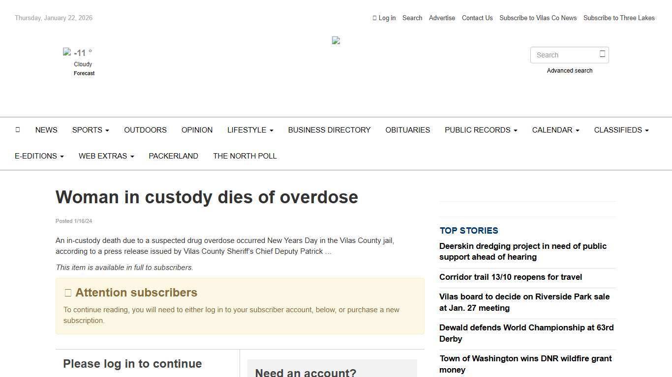 Woman in custody dies of overdose - Vilas County News-Review